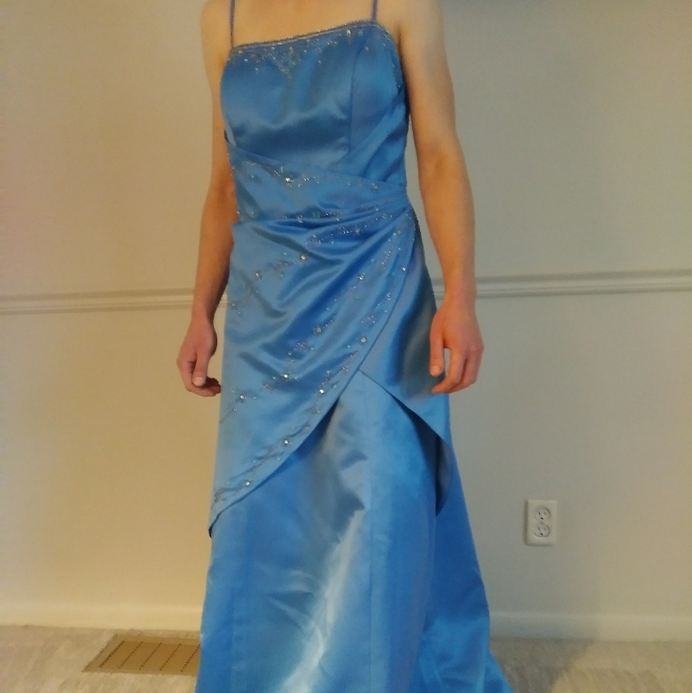 Spaghetti strap.rhinestones.Formal Blue.Crinoline. Wrap across front.